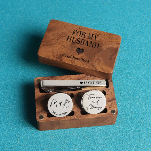 For my Husband - Custom Engraved Cufflinks & Tie Clip Gift Box - giftyourways