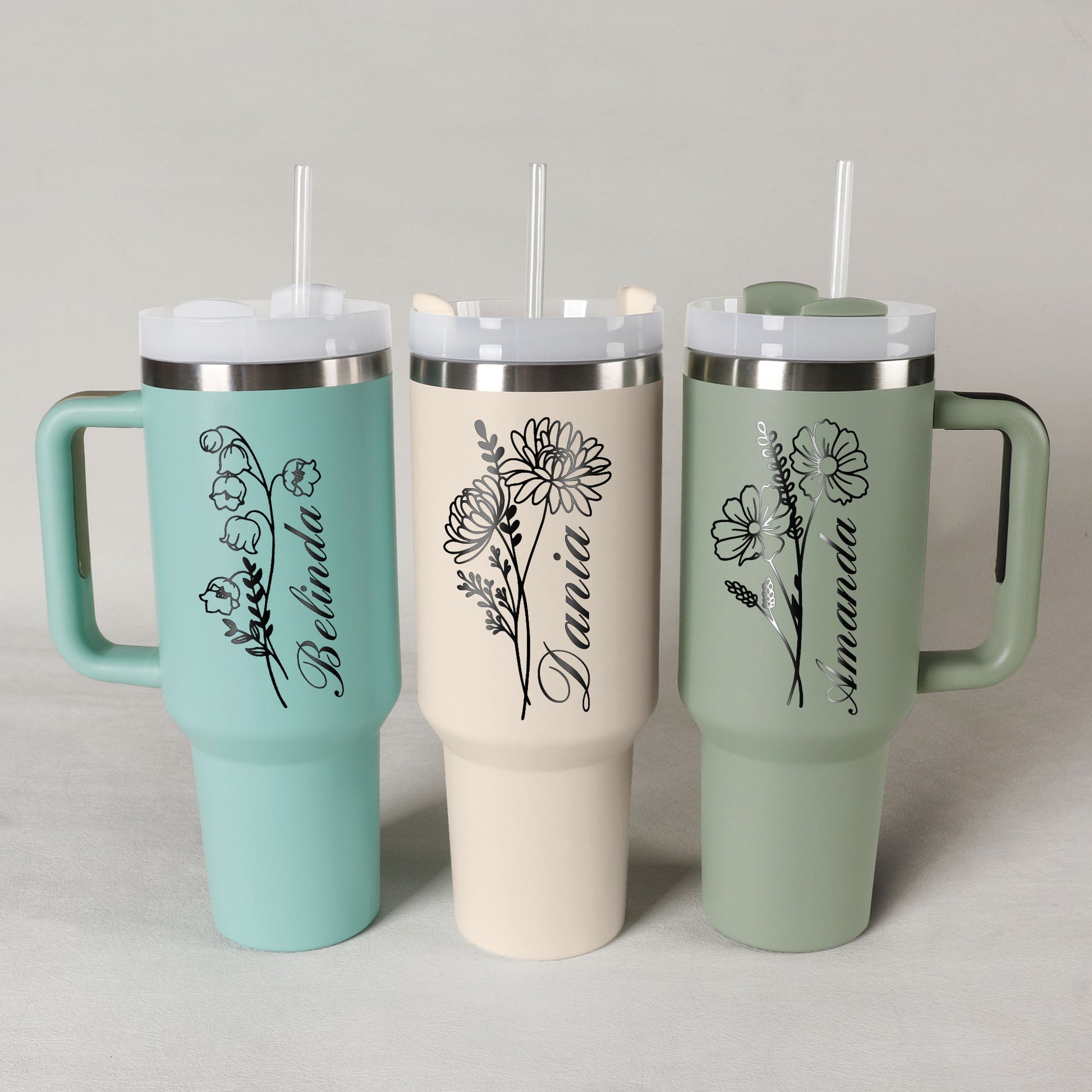 Personalized Birth Flowers 40oz Tumbler - Stainless Steel Tumblers With Straw Handle - giftyourways