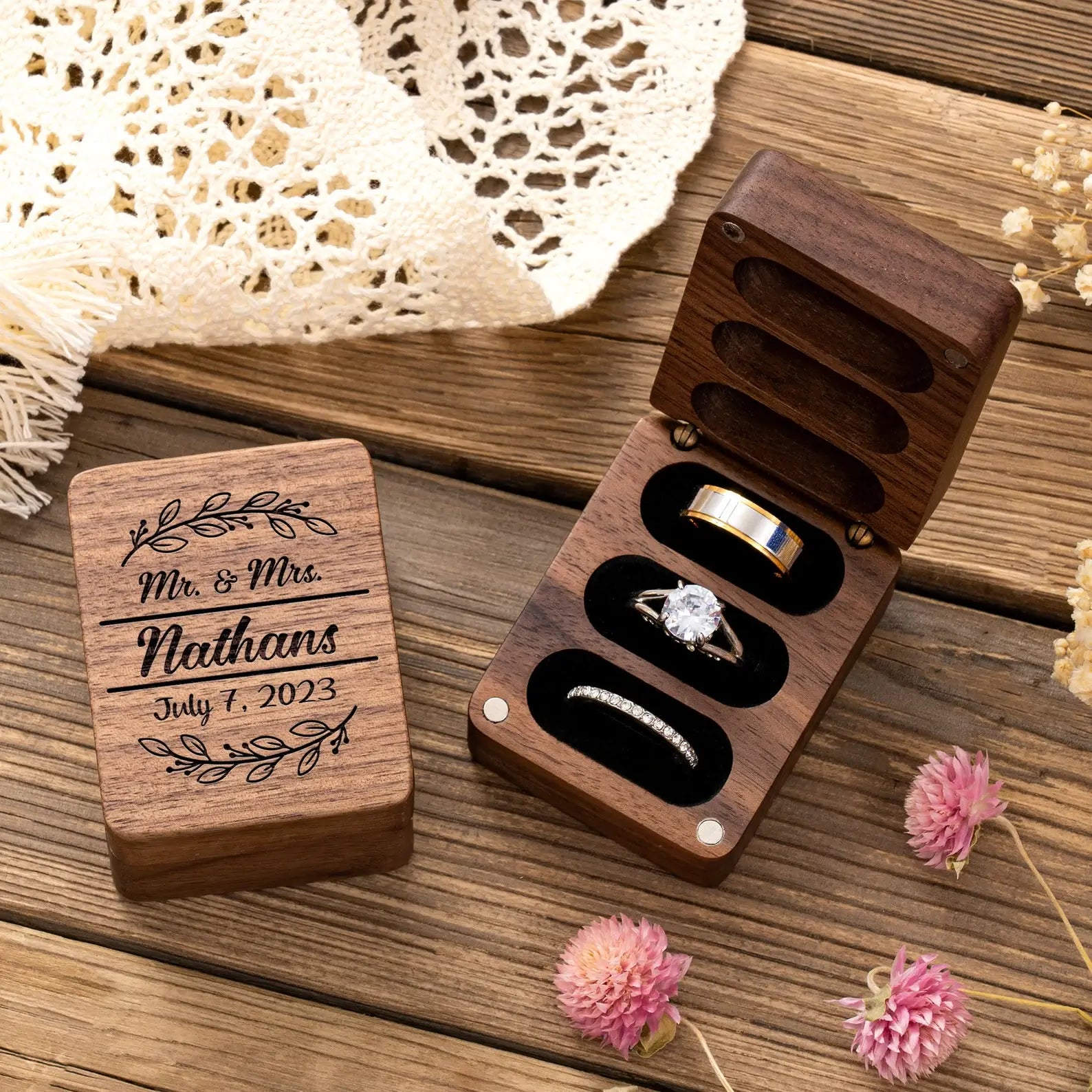 Triple Flip Wooden Ring Box - Perfect for Weddings, Engagements, or Anniversaries - giftyourways