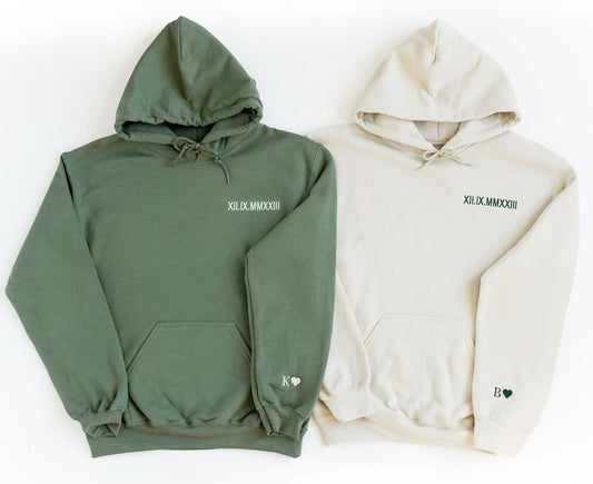 Custom Embroidered Roman Numeral Hoodie - Couples Gift - Personalized Gift Date Hoodie Initial on Sleeve - Engagements, 1st Anniversary gift - giftyourways