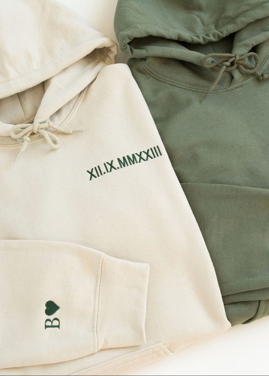 Custom Embroidered Roman Numeral Hoodie - Couples Gift - Personalized Gift Date Hoodie Initial on Sleeve - Engagements, 1st Anniversary gift - giftyourways