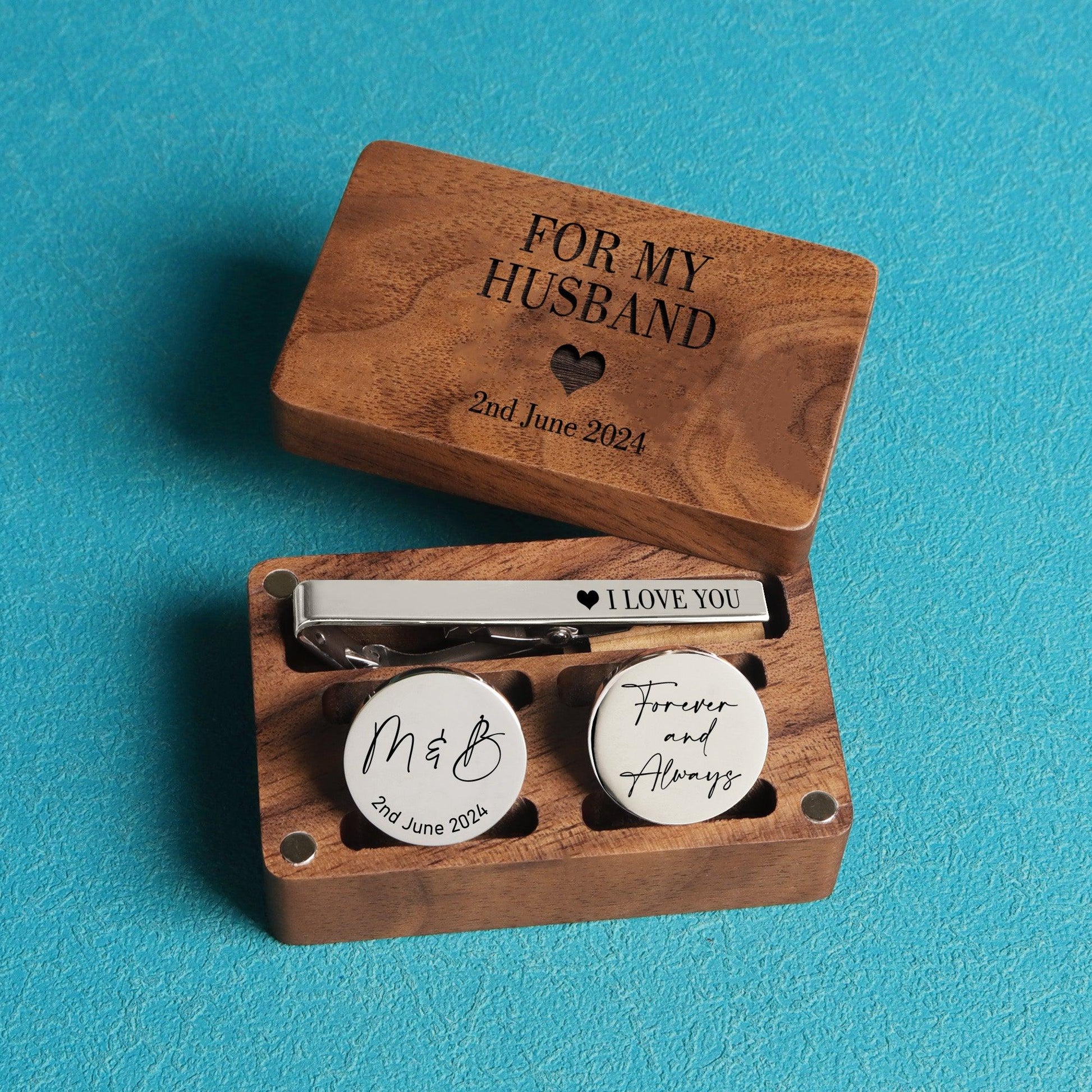 For my Husband - Custom Engraved Cufflinks & Tie Clip Gift Box - giftyourways
