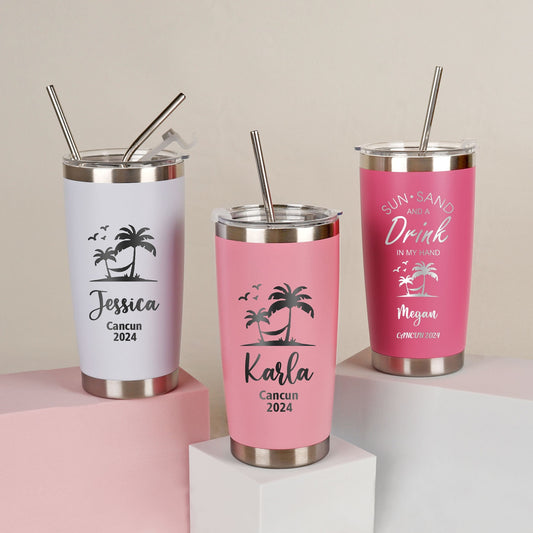 Personalized Beach Tumbler - 20oz Skinny Cup with Straw, Bridesmaid & Bachelorette Gift - giftyourways