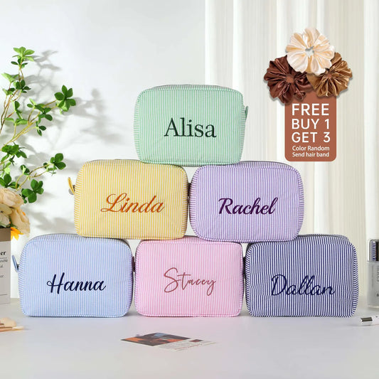 Personalized Embroidered Seersucker Makeup Bag - giftyourways