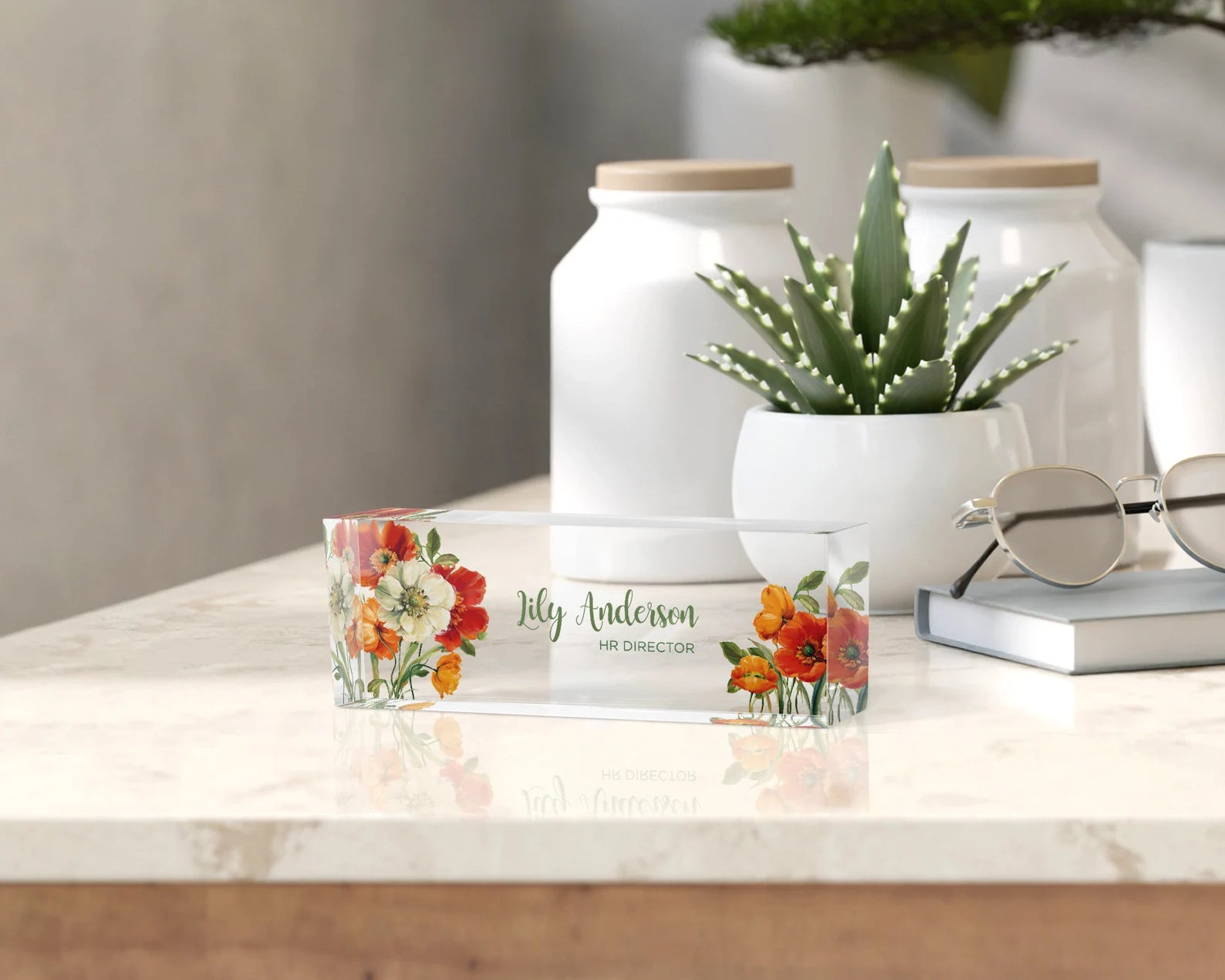 Personalized Flower Name Desk Plaque - Acrylic Name Plate for Office, Teacher, or Home Decor - giftyourways