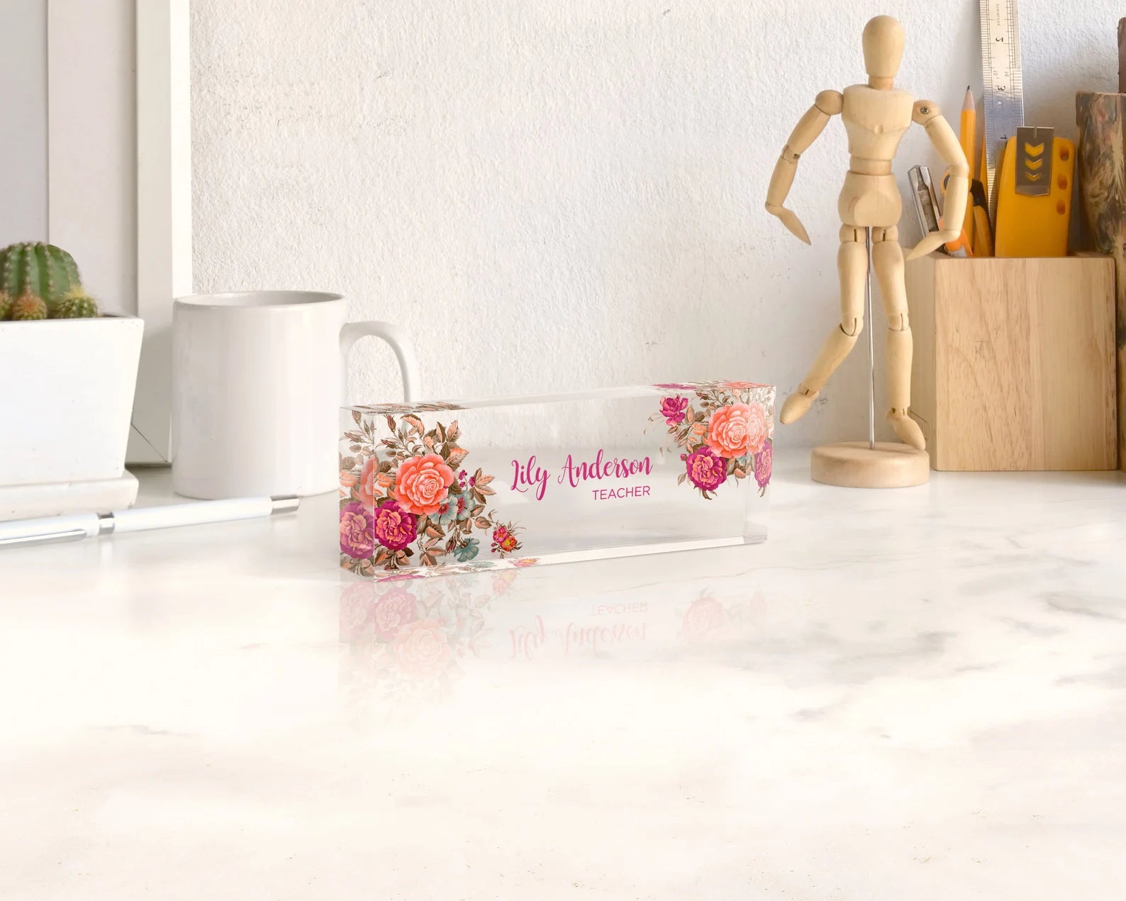 Personalized Flower Name Desk Plaque - Acrylic Name Plate for Office, Teacher, or Home Decor - giftyourways