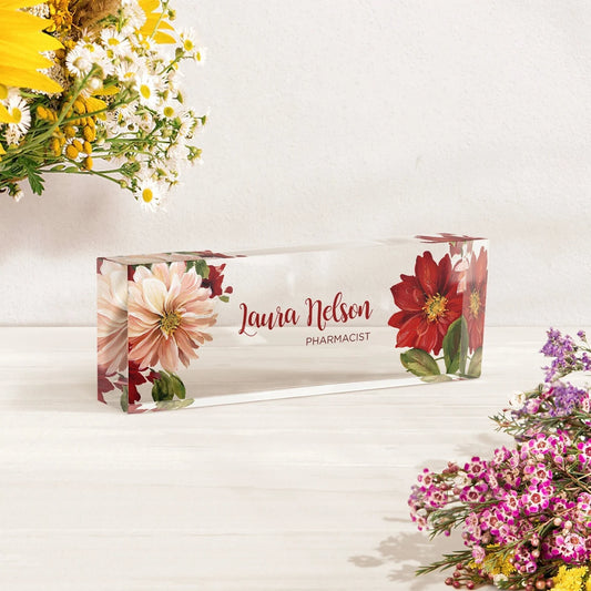 Personalized Flower Name Desk Plaque - Acrylic Name Plate for Office, Teacher, or Home Decor - giftyourways