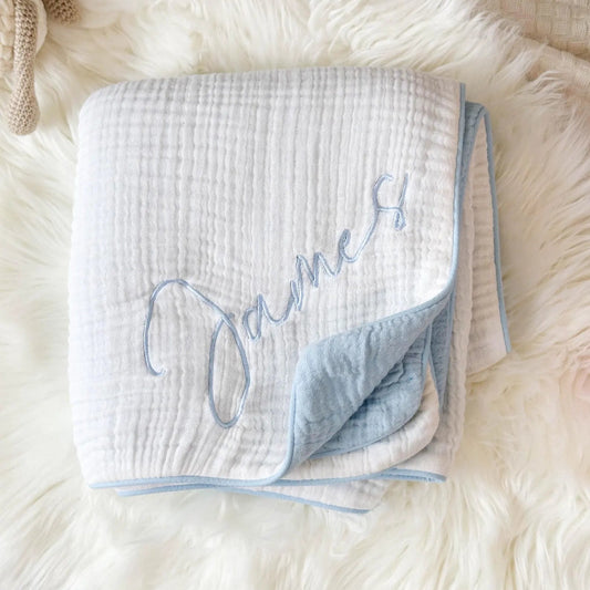 Personalized Organic Muslin Baby Blanket - Embroidered Baby Shower Gift - giftyourways