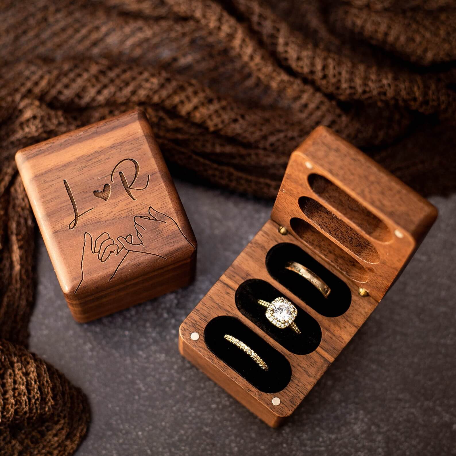 Triple Flip Wood Ring Box - Unique Engraved Gift for Her, Wedding Ceremony Ring Bearer Box - giftyourways