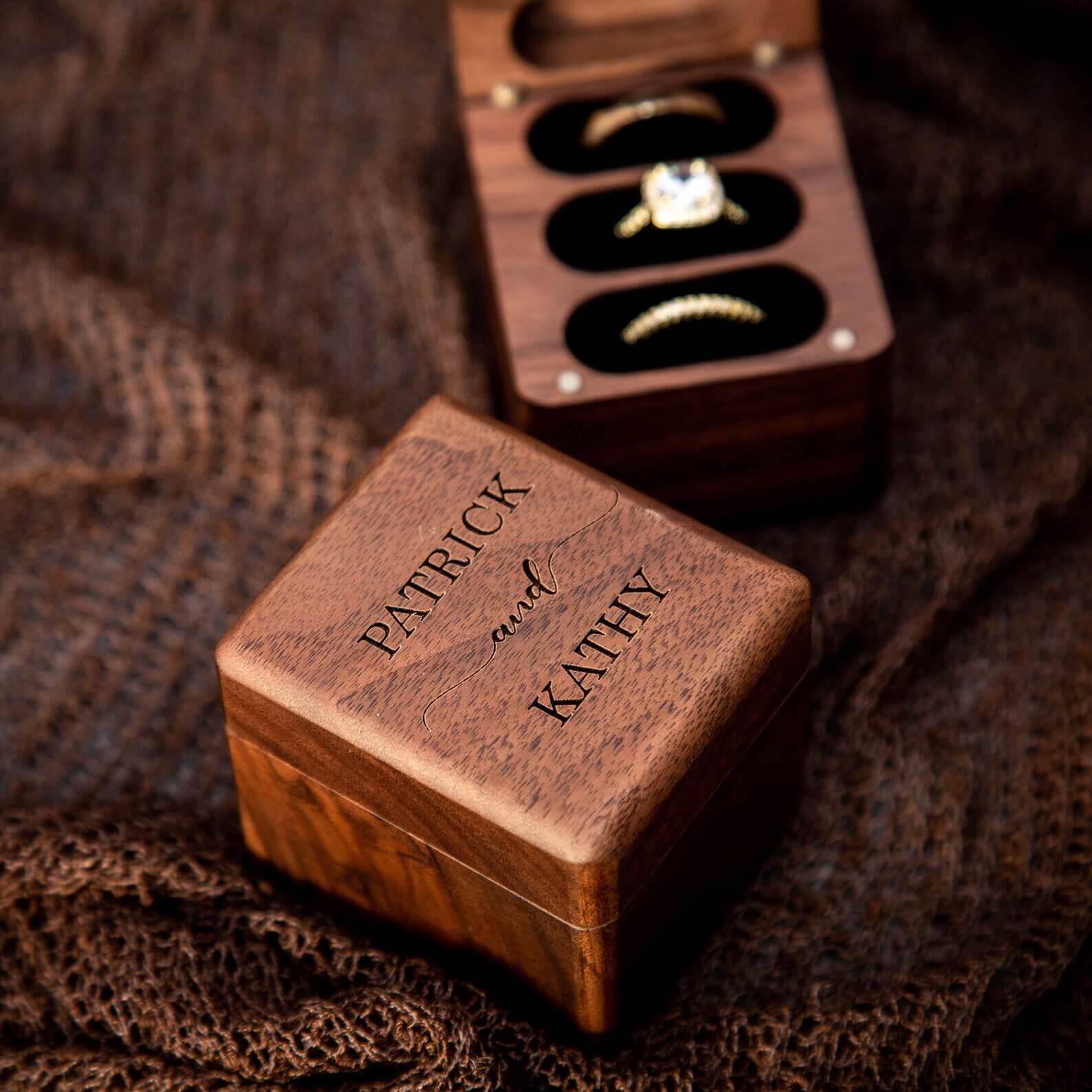 Triple Flip Wood Ring Box - Unique Engraved Gift for Her, Wedding Ceremony Ring Bearer Box - giftyourways