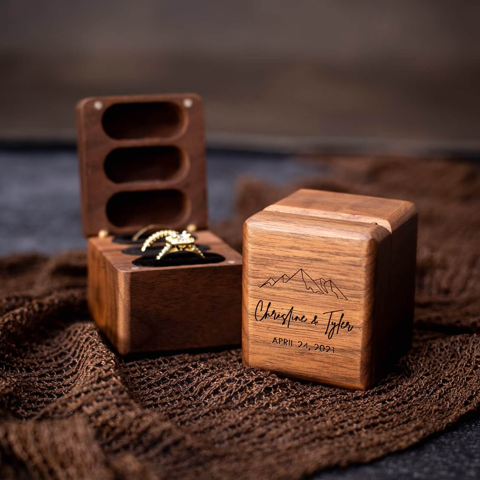 Triple Flip Wood Ring Box - Unique Engraved Gift for Her, Wedding Ceremony Ring Bearer Box - giftyourways