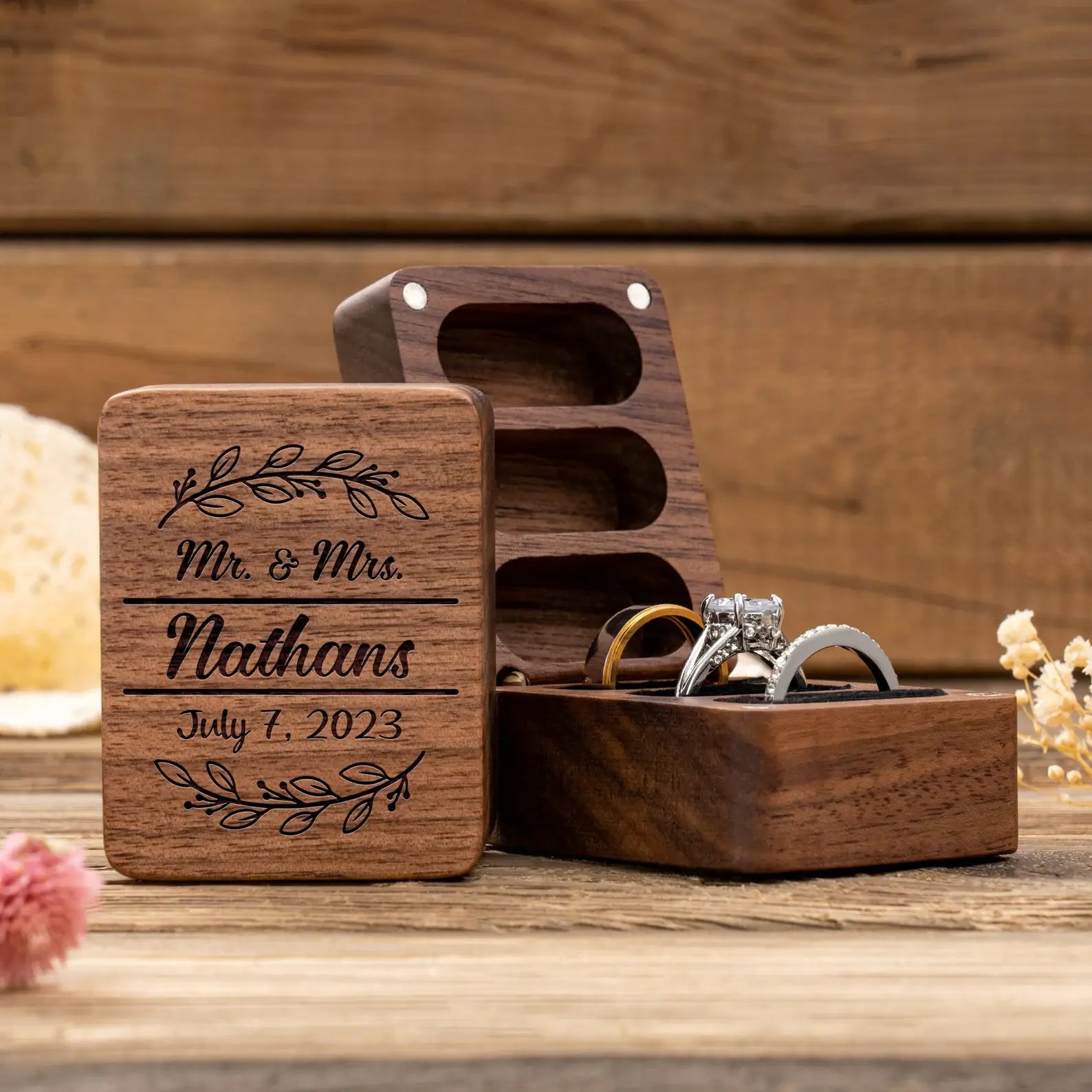 Triple Flip Wooden Ring Box - Perfect for Weddings, Engagements, or Anniversaries - giftyourways