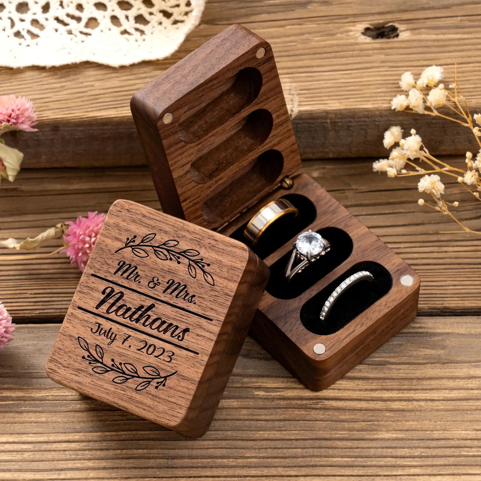 Triple Flip Wooden Ring Box - Perfect for Weddings, Engagements, or Anniversaries - giftyourways